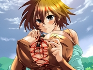 breasts drawing gentle giantess color cleavage finger anime huge_breasts brunette bondage shrunken_man sky yousei_no_omoide between_breasts
