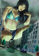breasts drawing giantess city black_hair color barefoot anime rain kenneth_siemens crouching ripped_clothing