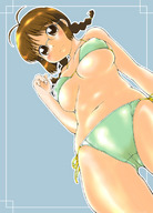 breasts drawing blushing color long_hair swimsuit glasses anime brunette brown_eyes underboob from_below braid idolmaster