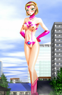 breasts drawing giantess nude pussy blonde color buildings gloves apricot_garden looking_at_viewer hands_on_hips