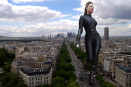 giantess collage city buildings gloves boots unknown_artist walking skyscraper streets vehicles clouds sky black_suit distant_city beyonce body_suit