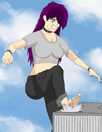 drawing giantess color destruction barefoot buildings green_eyes purple_hair foot_crush collar chibichan fantasize misery