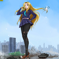 drawing giantess crush city blonde color skirt helicopter anime shoes military tank omc uniform nylons sailor_uniform