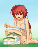 breasts drawing giantess color swimsuit destruction anime red_eyes pogojo red_hair between_fingers