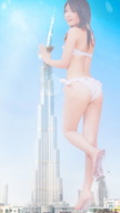 giantess crush collage city mega butt swimsuit destruction rampage high_heels brunette asian hand burj_khalifa skyscraper looking_at_viewer