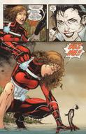 breasts drawing growth giantess mega black_hair color angry brunette multiple_sizes kneeling fishnets giantesses fist crouching palm_trees costume doom_patrol dialogue on_shoulder dc_comics elasti-girl black_alice secret_six robotman rita_farr