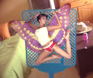 collage wings fairy brunette short_hair shrunken_woman tattoo boy_shorts top