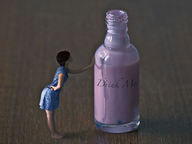 collage black_hair long_hair barefoot bottle shrunken_woman hands_on_hips leaning_forward