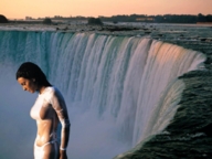 giantess black_hair wet waterfall sun_set