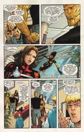 drawing giantess wings blonde color blue_eyes green_eyes brunette shrunken_woman dark_skin costume doom_patrol sofa dialogue dc_comics elasti-girl robotman negative_man bumblebee rita_farr