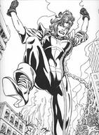 breasts drawing giantess manga city monochrome long_hair destruction rampage cleavage soles angry gloves boots foot_crush fire cruel chain tattoo unknown_manga