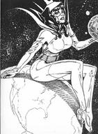 drawing giantess earth giga space monochrome planet superhero boots mask costume cape leotard legs_crossed femforce cosmic_giantess sitting_on_planet nightveil