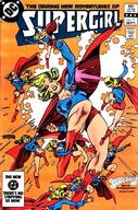 blonde handheld cleavage boots supergirl shorts shrunken_woman comic_cover costume cape clones belt dc_comics bare_legs hair_pull