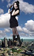 giantess mega black_hair destruction gloves asian dress boots fishnets