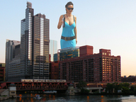 giantess city black_hair bridge handheld cleavage water train skyscraper sunglasses boats necklace ships