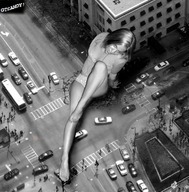 giantess collage monochrome destruction barefoot cars short_shorts
