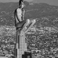 giantess nude city monochrome photograph los_angeles creative sitting_on_building hollywood_sign