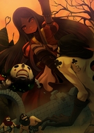 drawing giantess mega color large_breasts long_hair destruction monsters anime boots unknown_artist looking_down striped_stockings alice_in_wonderland madness_returns looking_at_victims looking_at_tiny castle_wall guards skull_faces crumbling
