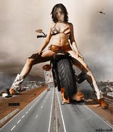 breasts giantess collage mega destruction brunette boots short_shorts highway motorcycle flag_bra car_crush