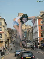 giantess crush city black_hair barefoot cars high_heels lingerie kristina sports_bra