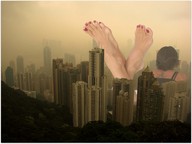giantess city mega black_hair barefoot lying_down skyscraper red_nails
