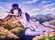 drawing giantess mega color long_hair blue_eyes purple_hair blue_hair stockings purple_eyes kimono lying_down painting mountains forest nature kemineko looking_at_viewer けみ猫