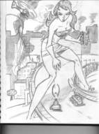 breasts drawing giantess city monochrome destruction handheld rampage cleavage skirt helicopter angry military tank highway pencil_drawing straddling top attack_of_the_50_foot_woman nancy_archer makeshift_clothing