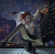 giantess city mega bra red_hair hand cruel outdoors