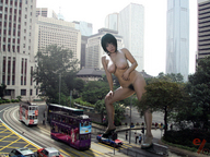 breasts giantess collage nude city mega black_hair large_breasts pubic_hair high_heels traffic asian bus vehicles