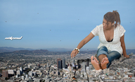 giantess feet city mega long_hair destruction barefoot soles brunette multiple_sizes ponytail sitting hand reaching giantesses nikemd helicopter_point_of_view