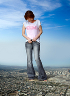 giantess collage city mega destruction barefoot rampage jeans asian short_hair unknown_artist japanese_text unzipping