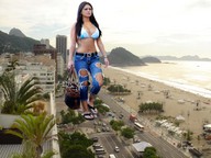 breasts giantess collage city mega beach water traffic jeans brunette bus purse flip_flops