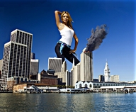 giantess city blonde destruction clothed handheld water jeans fire smoke sunny