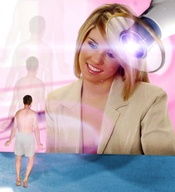 blonde smiling shrunken_men indoors shrink_gun