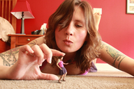 giantess collage skirt finger brunette hand shrunken_woman carpet clone grabbing finger_nails tattoo twins