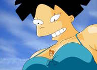 breasts drawing giantess black_hair color swimsuit cleavage anime asian shrunken_men futurama orange_hair amy_wong philip_j_fry between_breasts