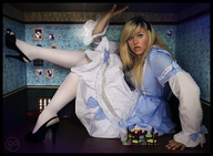 growth giantess collage blonde blue_eyes clothed high_heels shoes dress houses knee_high_socks alice_in_wonderland hair_bow