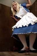 growth giantess collage blonde clothed shoes dress houses knee_high_socks alice_in_wonderland hair_bow