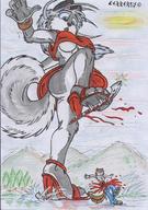 drawing giantess furry color anime blood paws gore shrunken_men sandals cerberus