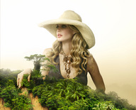 giantess collage blonde clothed jungle outdoors hat necklace trees