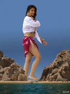 giantess collage black_hair clothed beach barefoot ocean smiling legs sand people rock sunny shazam raised_foot