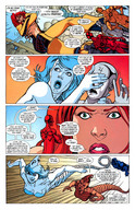 breasts drawing giantess mega comic color destruction green_eyes superhero giganta red_hair western_comic ripped_clothing jumpsuit dialogue covering_breasts dc_comics metal_men