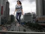 giantess collage city black_hair long_hair cars traffic jeans walking sunglasses flip_flops