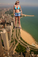 giantess crush collage city blonde large_breasts beach cleavage ocean traffic navel shorts sunglasses vehicles sunny flip_flops bag bikini_top