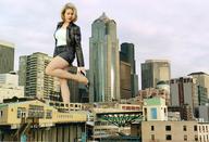 giantess collage city mega blonde skirt high_heels short_hair unknown_artist nylons dangle jacket