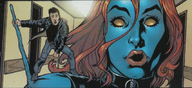 drawing comic color superhero yellow_eyes red_hair blue_skin shrunken_man x-men zipper on_shoulder mystique marvel_comics