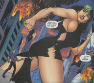 drawing giantess city mega upskirt comic black_hair color destruction leviathan dress fire rings sideboob ripped_clothing dialogue green_skin dc_comics shrinking_violet legion_of_superheroes hair_streak brainiac_5