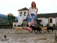 giantess collage barefoot jeans sitting toe_ring church horses chicken