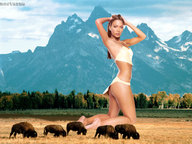 breasts giantess collage mega butt barefoot skirt brunette kneeling mountains forest bison meadow native_american