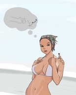 drawing giantess nude color swimsuit anime brunette brown_eyes shrunken_man shoulder camo
